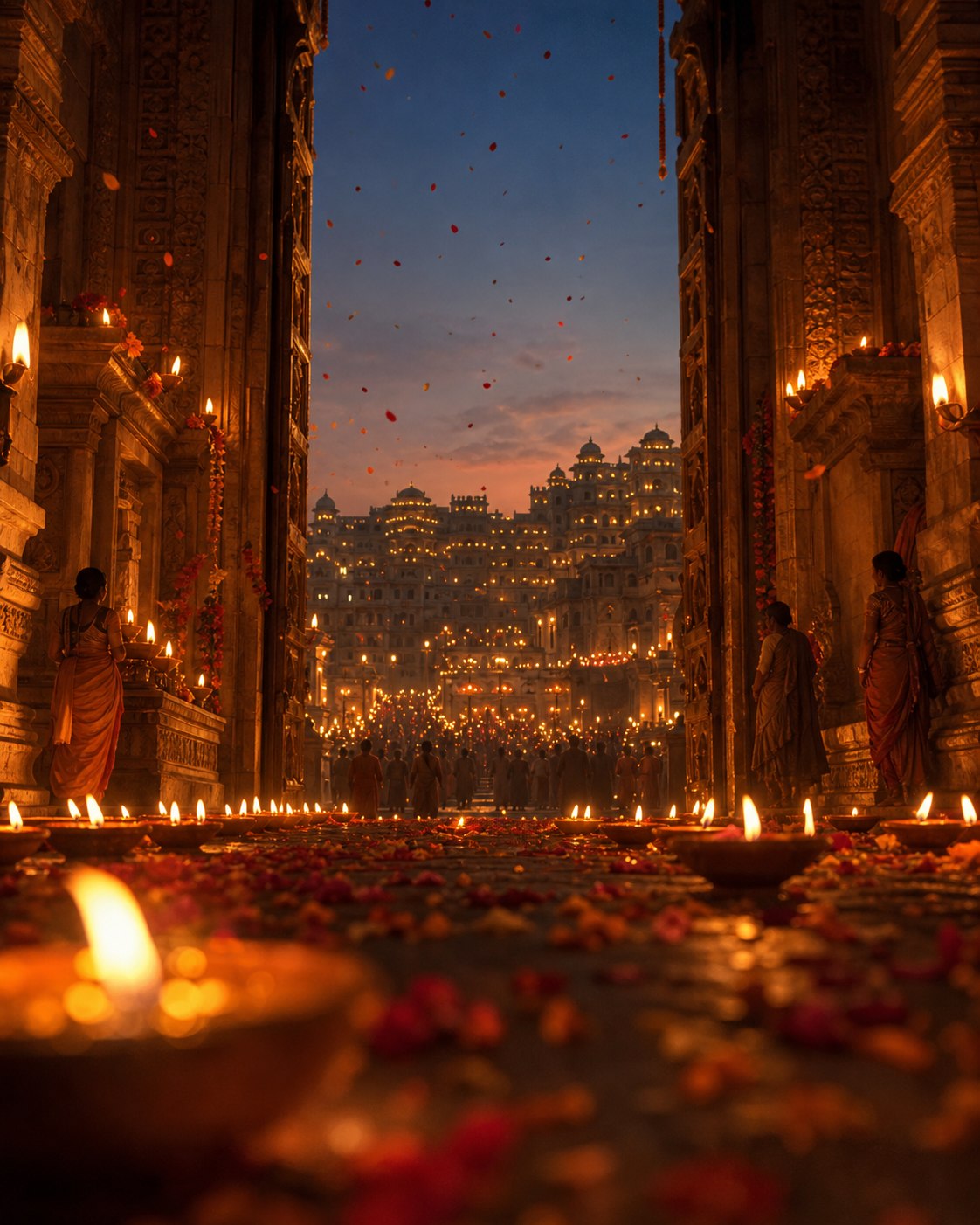 Illuminated Ayodhya-inspired city scene