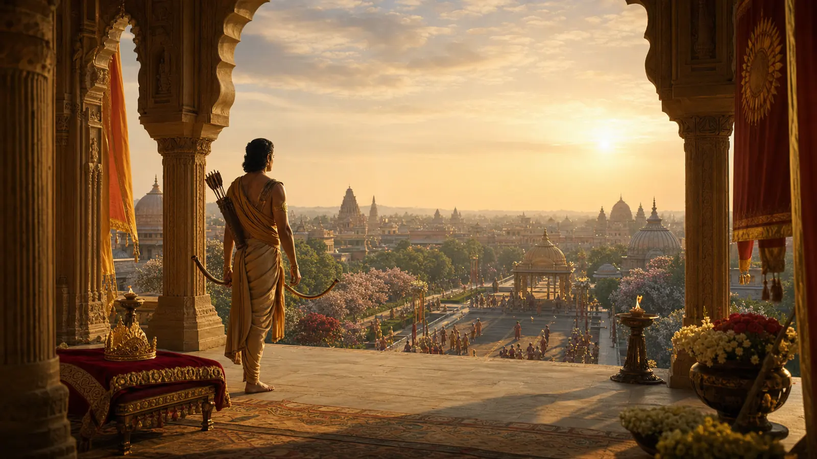 Shri Ram looking over a sunlit ancient Ayodhya