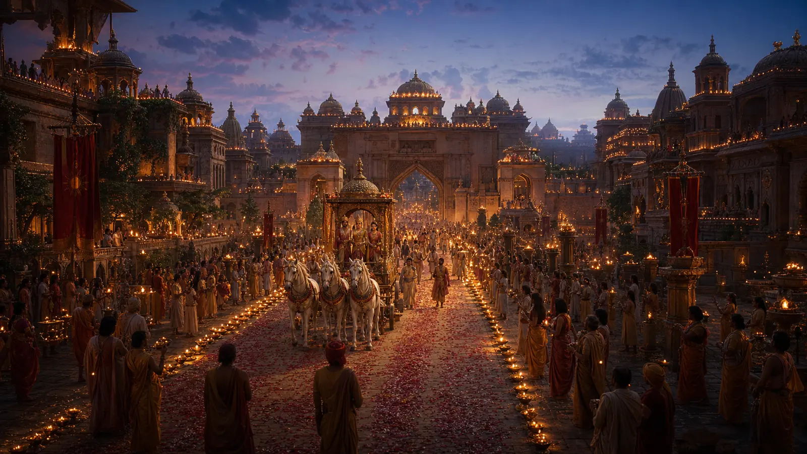 The illuminated city of Ayodhya celebrating the victory of dharma